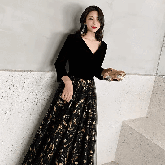 2036 Aラインドレス (着丈 サイズオーダー可能) オーダーメイド ロングドレス ブラックドレス ゴールドレース Vネックドレス 長袖ドレス 上質素材 高級感 美シルエット 透明感 体型補整 大人上品 静かな華やぎ ホテルディナー 特別な夜 日本人女性 プレミアム ラグジュアリー フォーマル パーティー エレガント (ブラック)