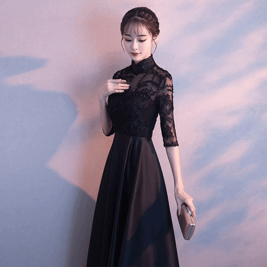 alyona Aラインドレス (着丈 サイズオーダー可能) オーダーメイド ミニドレス ブラックドレス レースドレス 五分袖ドレス ハイネックドレス 上質素材 高級感 美シルエット 透明感 体型補整 大人上品 静かな華やぎ パーティー 日本人女性 プレミアム ラグジュアリー フォーマル エレガント (ブラック)