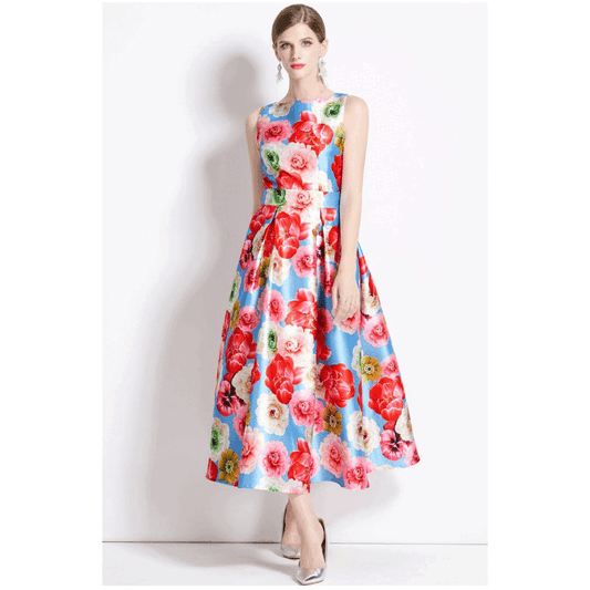 3-k8o0 (着丈 サイズオーダー可能) オーダーメイド フレアドレス ミディドレス ノースリーブドレス 花柄ドレス フォーマルドレス 上質素材 フローラルプリント カラフル配色 サンセットラウンジ ホテル空間 軽やか 動きのあるシルエット 気品 大人女性 パーティー リゾート 二次会 食事会 高級感 日本人女性向け (レッド)XS S M L XL XXL XXXL