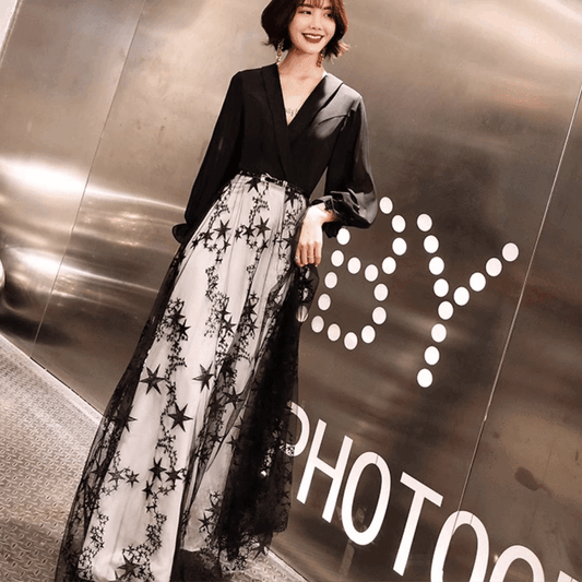 3-yty (着丈 サイズオーダー可能) オーダーメイド Aラインドレス ロングドレス チュールドレス 長袖ドレス ブラック ホワイト フォーマルドレス 上質素材 フローラルプリント 透け感 ホテルラウンジ 夜景照明 気品 透明感 美シルエット 大人女性 正装 結婚式 披露宴 演奏会 晩餐会 パーティー 高級感 日本人女性向け (ブラック)XS S M L XL XXL XXXL