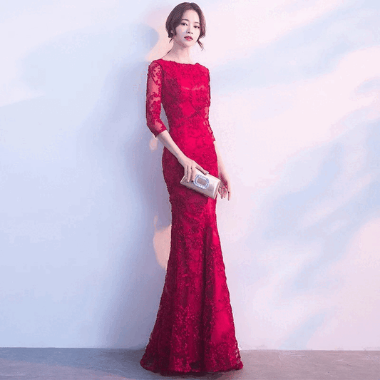 t6212t マーメイドドレス (着丈 サイズオーダー可能) オーダーメイド ロングドレス レースドレス 七分袖ドレス フォーマルドレス 高級感 上質素材 ラグジュアリー 大人上品 体型補整 優雅シルエット クラシックエレガンス ホテルディナー 演奏会 結婚式 特別な夜 気品漂う装い (レッド)XS S M L XL XXL XXXL