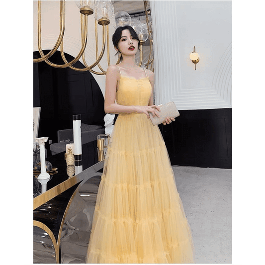 3-848kf (着丈 サイズオーダー可能) ロングドレス オーダーメイド Aラインドレス ノースリーブドレス チュールドレス シフォンドレス ティアードスカート イエロードレス フレアシルエット 高層ホテル テラス 夕陽ライティング 夜景 気品 透明感 大人女性 美シルエット 高級感 特別な一日 結婚式 二次会 演奏会 パーティー フォーマル 日本人女性 (イエロー)XS S M L XL XXL XXXL