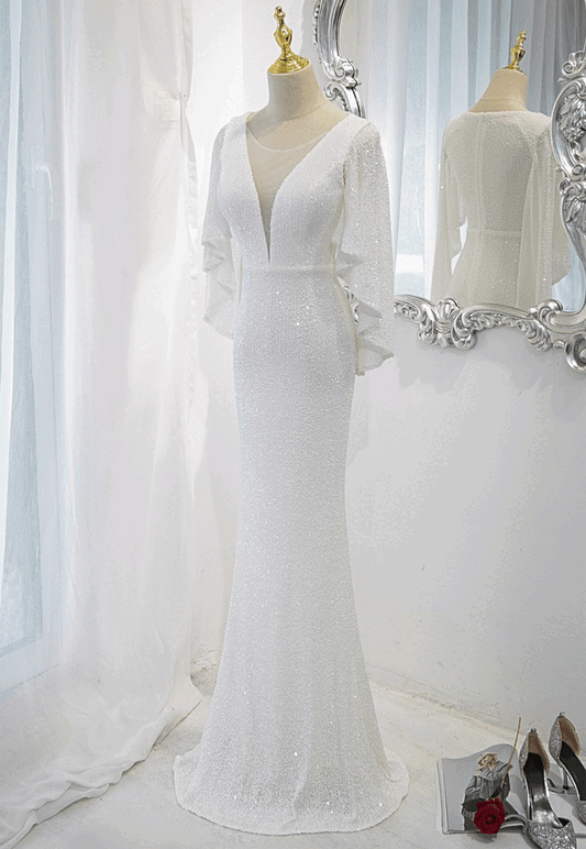 3-67367 マーメイドドレス (着丈 サイズオーダー可能) オーダーメイド ロングドレス スリットドレス 長袖ドレス Vネックドレス サテンドレス ボディライン美強調 ホテルウェディング 階段シーン シャンデリア光 気品 大人女性 洗練 上質素材 美シルエット 高級感 特別な夜 結婚式 披露宴 二次会 演奏会 フォーマル 日本人女性 (ホワイト)XS S M L XL XXL XXXL