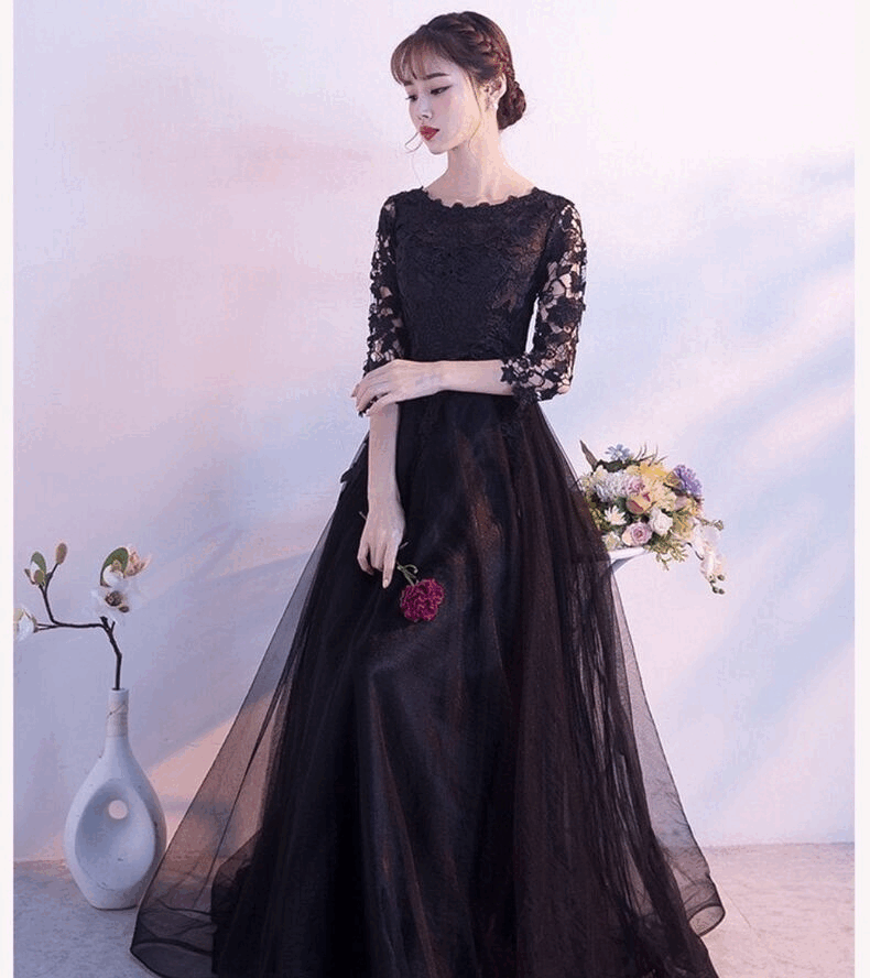 アルカドレス(ARUKA DRESS) martyl オーダーメイド Aラインミモレ丈 ブラックフォーマル 七分袖レース ハイウエスト 体型カバー 大きいサイズ 結婚式/披露宴/二次会 写真映え ホテルパーティー （ブラック）XS S M L XL XXL XXXL