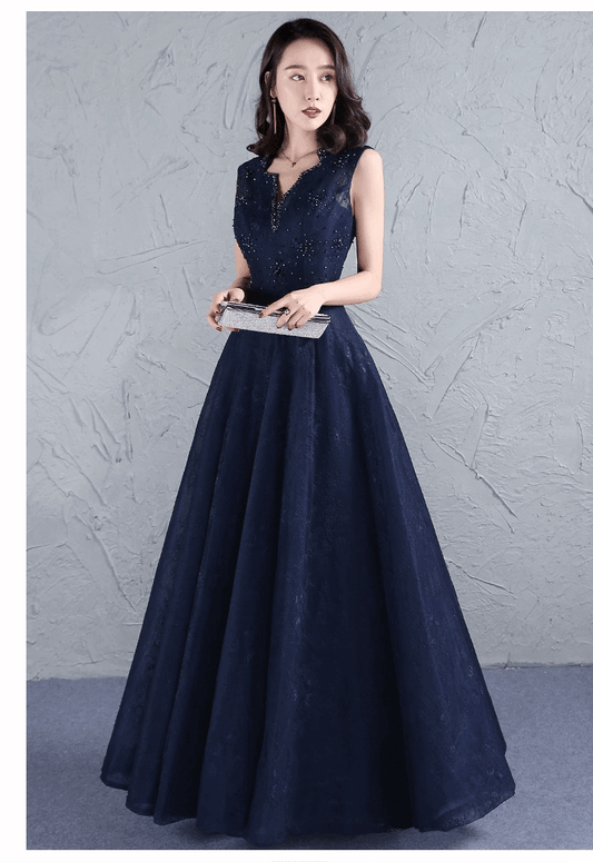 n1008 Aラインドレス (着丈 サイズオーダー可能) オーダーメイド ロングドレス ノースリーブドレス ネイビードレス 上質素材 体型補整 美シルエット 気品漂う クラシカルエレガンス 大人上品 フォーマルドレス ホテルディナー 透明感 (ネイビー)