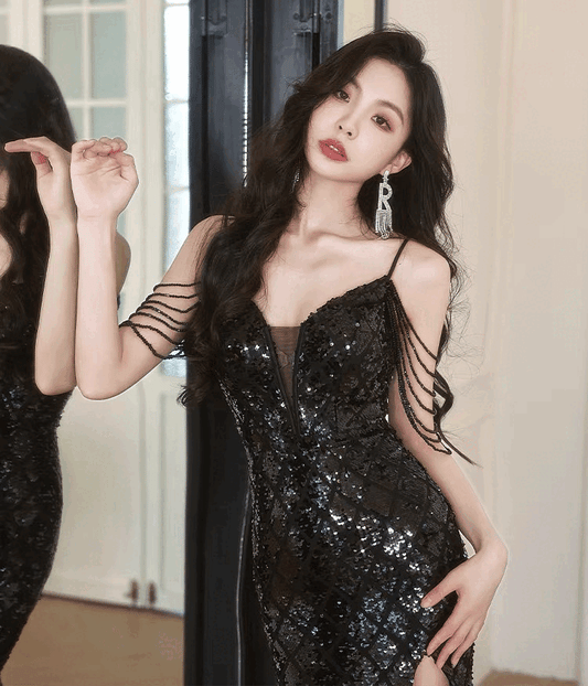 9383-ta (着丈 サイズオーダー可能) マーメイドドレス ロングドレス オーダーメイド ブラック ノースリーブ スリット風 立体レース スパンコール ビジュー 上質素材 高級感 細見えシルエット 大人女性 気品 透明感 静かな色香 洗練 美脚ライン 背中美人 ホテルディナー 夜景 特別な夜 フォーマル パーティー 演奏会 発表会 ラグジュアリードレス (ブラック)XS S M L XL XXL XXXL