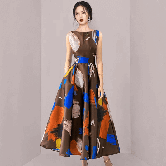 3-7f7p5 ロングドレス (着丈 サイズオーダー可能) オーダーメイド Aラインドレス ノースリーブドレス プリントドレス ジオメトリック柄 チェックデザイン ネイビードレス フレアシルエット ビスチェ風 トレンド感 モダン 洗練 気品 大人女性 美シルエット 高級感 特別な一日 結婚式 二次会 演奏会 パーティー フォーマル 日本人女性 (ブラウン)XS S M L XL XXL XXXL