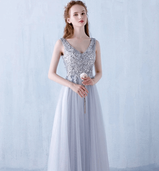 Arielle (着丈 サイズオーダー可能) Aラインドレス オーダーメイド ロングドレス ノースリーブドレス グレードレス レースドレス チュールドレス 上質素材 体型補整 美シルエット クラシックホテル 大階段 シャンデリア光 気品 透明感 清楚 大人女性 ラグジュアリー フォーマル 結婚式 演奏会 パーティー 特別な夜 (グレー)XS S M L XL XXL XXXL