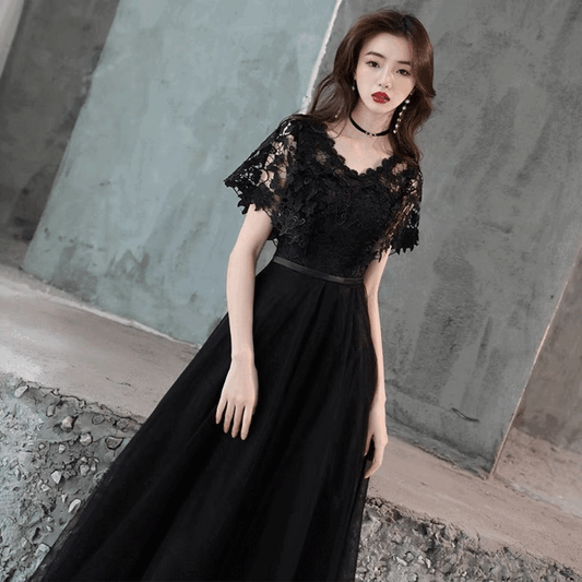 3-if8f (着丈 サイズオーダー可能) オーダーメイド ブラックドレス ロングドレス 長袖ドレス チュールドレス フォーマルドレス 上質素材 総レース 透け感 クラシックホテル 書斎空間 暖炉ライティング 気品 静かな存在感 大人女性 正装 結婚式 演奏会 晩餐会 パーティー 高級感 日本人女性向け (ブラック)XS S M L XL XXL XXXL