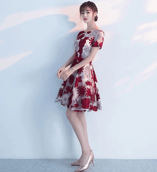 pazmedium (着丈 サイズオーダー可能) オーダーメイド Aラインドレス ノースリーブドレス フラワードレス フレアドレス フォーマルドレス 高級ドレス 上質素材 華やぎ 可憐 気品 大人女性 美シルエット 体型補整 自然光 映える装い パーティー 二次会 演奏会 特別な一日 フェミニン ラグジュアリー (レッド)XS S M L XL XXL XXXL