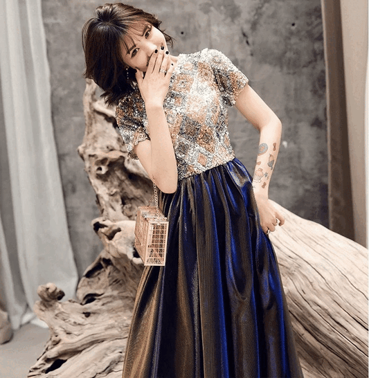 3-yd7 Aラインドレス (着丈 サイズオーダー可能) オーダーメイド ロングドレス スパンコールトップ オーガンジードレス グラデーションドレス ブルー×ブラック 体型補整 エレガントライン 演奏会 ホテルディナー 高級感 ラグジュアリー (ブルー)