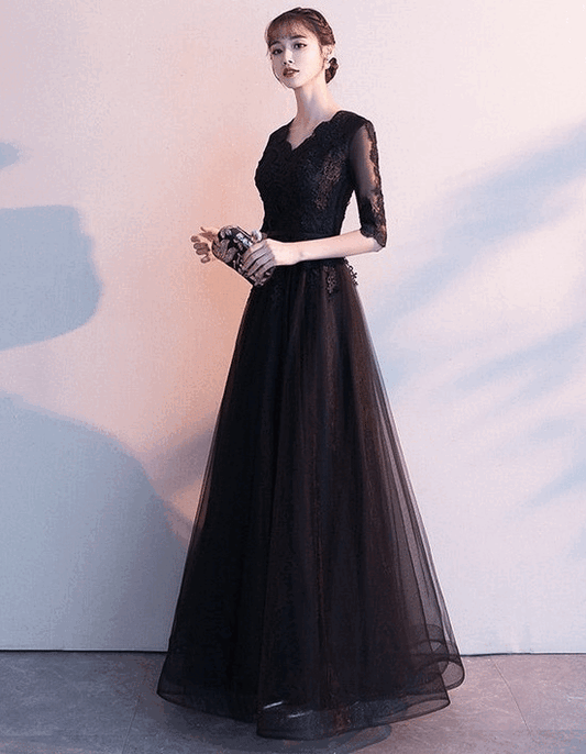 Aline オーダーメイド (着丈 サイズオーダー可能) ロングドレス Aラインドレス 七分袖ドレス ブラックドレス レースドレス シースルーレース チュールドレス フレアスカート 体型補整 美シルエット 上質素材 高級感 気品 透明感 大人女性 日本人女性 クラシックホテル 大階段 シャンデリア 夕景 夜景 フォーマル パーティー 演奏会 二次会 特別な夜 写真映え (ブラック)XS S M L XL XXL XXXL