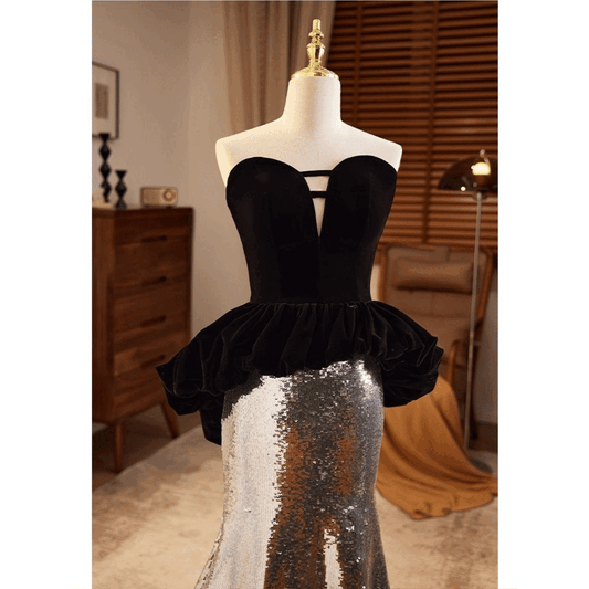 a-rabasse (着丈 サイズオーダー可能) マーメイドドレス ロングドレス オーダーメイド ブラック ゴールド スパンコール ビスチェ ベアトップ 切替デザイン 曲線美 強調 縦ライン美 細見えシルエット 気品 女優オーラ クラシックホテル 大階段 シャンデリア 夜会 晩餐会 ラグジュアリードレス (ブラック)XS S M L XL XXL XXXL