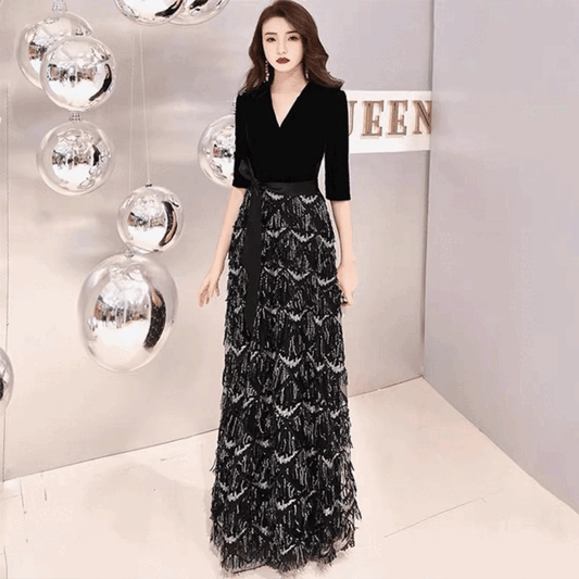 3-ehd0 (着丈 サイズオーダー可能) ロングドレス オーダーメイド Aラインドレス ブラックドレス ノースリーブドレス レースドレス チュールドレス ティアードスカート フロアレングス 高層ホテル ラウンジ 夕景 夜景ライティング 都会的 気品 大人女性 美シルエット 高級感 特別な夜 結婚式 二次会 演奏会 パーティー フォーマル 日本人女性 (ブラック)XS S M L XL XXL XXXL