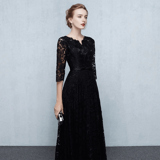 Helena (着丈 サイズオーダー可能) Aラインドレス オーダーメイド ロングドレス ブラックドレス レースドレス 五分袖 七分袖 チュール 上質素材 微光沢 体型補整 美シルエット ホテルラウンジ 夜景 間接照明 気品 知的 大人女性 ラグジュアリー フォーマル 結婚式 演奏会 パーティー 特別な夜 (ブラック)XS S M L XL XXL XXXL