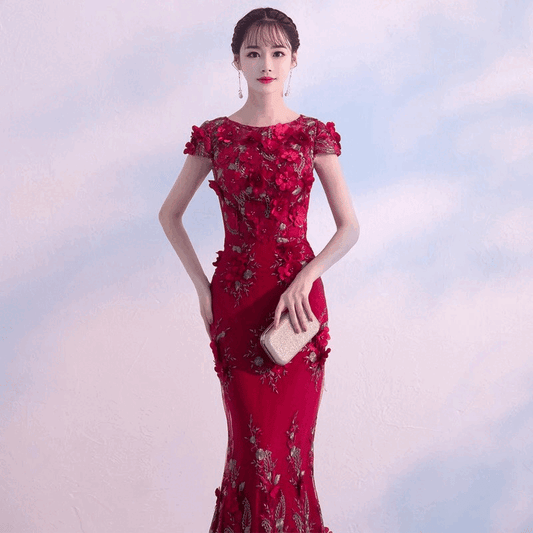 Sophia (着丈 サイズオーダー可能) マーメイドドレス オーダーメイド ロングドレス スリットドレス ノースリーブドレス レッドドレス ビジュードレス スパンコールドレス 上質サテン 微光沢 体型補整 美シルエット ホテルラウンジ 夜景 間接照明 気品 色気 主役級 ラグジュアリー フォーマル 結婚式 演奏会 パーティー 特別な夜 (レッド)XS S M L XL XXL XXXL