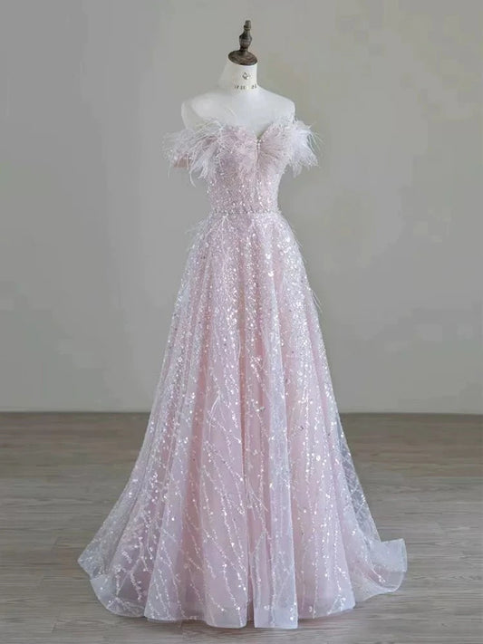 #8846 Aラインドレス (着丈 サイズオーダー可能) オーダーメイド オフショルダードレス ロングドレス ビジュードレス スパンコール刺繍 上質素材 高級感 美シルエット 透明感 大人上品 体型補整 静かな華やぎ ホテルディナー 特別な夜 日本人女性 プレミアム フォーマル ラグジュアリー パーティー セレモニー (ピンク)