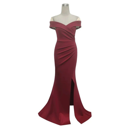 #83847 スリットドレス (着丈 サイズオーダー可能) オーダーメイド ロングドレス オフショルダードレス Aラインドレス 上質素材 高級感 美シルエット 透明感 体型補整 大人上品 静かな華やぎ ホテルディナー 日本人女性 パーティー 特別な夜 ラグジュアリー フォーマル プレミアム 結婚式 エレガント (レッド)