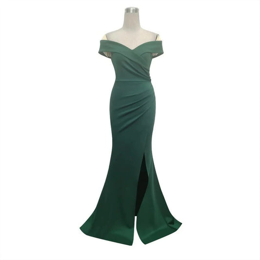 #83847 スリットドレス (着丈 サイズオーダー可能) オーダーメイド ロングドレス オフショルダードレス Aラインドレス 上質素材 高級感 美シルエット 透明感 体型補整 大人上品 静かな華やぎ ホテルディナー 日本人女性 パーティー 特別な夜 ラグジュアリー フォーマル プレミアム 結婚式 エレガント (グリーン)