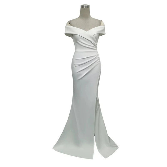 #83847 スリットドレス (着丈 サイズオーダー可能) オーダーメイド ロングドレス オフショルダードレス Aラインドレス 上質素材 高級感 美シルエット 透明感 体型補整 大人上品 静かな華やぎ ホテルディナー 日本人女性 パーティー 特別な夜 ラグジュアリー フォーマル プレミアム 結婚式 エレガント (ホワイト)