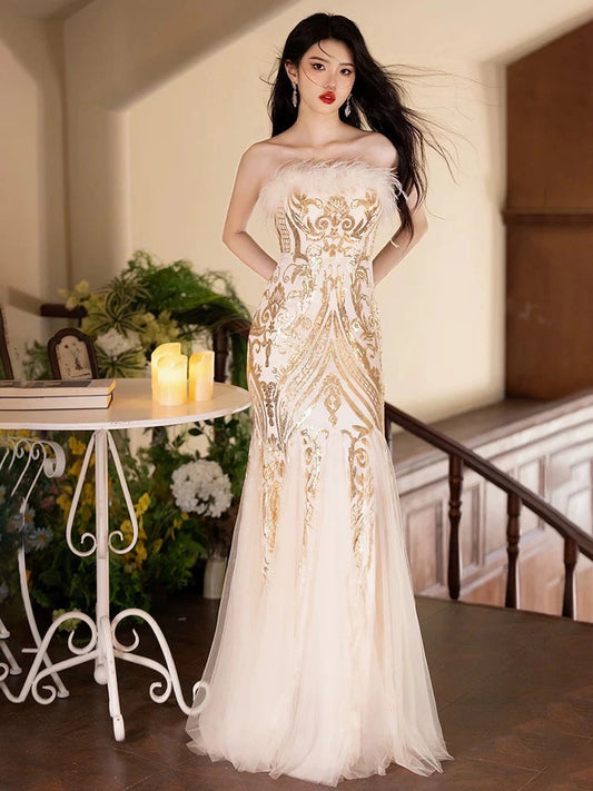 #5656565 オーダーメイド (着丈 サイズオーダー可能) マーメイドドレス ロングドレス スパンコールドレス ビジュードレス チュールドレス ノースリーブドレス 上質素材 美シルエット 体型補整 高級感 透明感 大人上品 ホテルディナー 特別な夜 フォーマルドレス 静かな華やぎ (ベージュ)