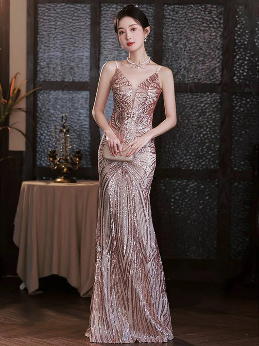 #6675757 マーメイドドレス (着丈 サイズオーダー可能) オーダーメイド ビジュードレス スパンコールドレス ロングドレス ノースリーブドレス 上質素材 高級感 美シルエット 透明感 体型補整 静かな華やぎ 大人上品 ホテルディナー 特別な夜 日本人女性 エレガント プレミアム ラグジュアリー パーティー セレモニー (ベージュ)