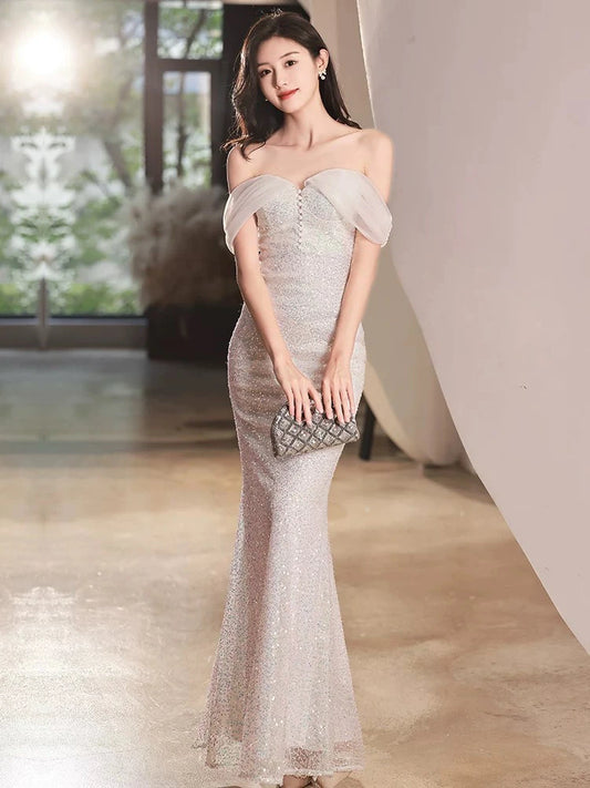 #ggy7tオフショルダードレス (着丈 サイズオーダー可能) オーダーメイド マーメイドドレス ロングドレス スパンコールドレス ビジュードレス 上質素材 高級感 美シルエット 透明感 体型補整 大人上品 静かな華やぎ ホテルディナー 特別な夜 日本人女性 プレミアム ラグジュアリー エレガント パーティー フォーマル セレモニー (ゴールド)