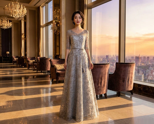 Olga Aラインドレス (着丈 サイズオーダー可能) オーダーメイド ロングドレス ノースリーブドレス ビジュードレス 上質サテン 微光沢素材 透明感 美シルエット 高層ホテル ラウンジ 窓際 夕景 サンセット光 気品 知的 大人女性 ラグジュアリー フォーマル 結婚式 演奏会 パーティー 特別な夜 (グレー)