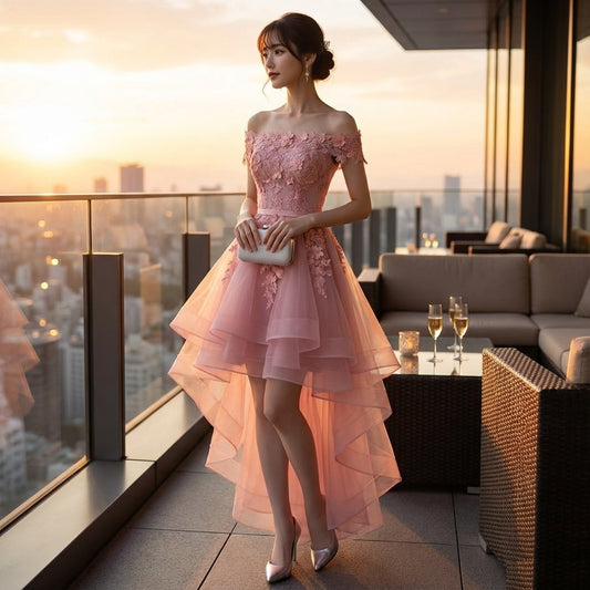 miia オーダーメイド フィッシュテールドレス オフショルダー 華麗 チュールレース 結婚式 演奏会 透明感 (ピンク)