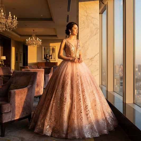 Luna オーダーメイド マーメイドドレス 総スパンコール Vネック 優雅な輝き 演奏会 ステージ (アプリコット)