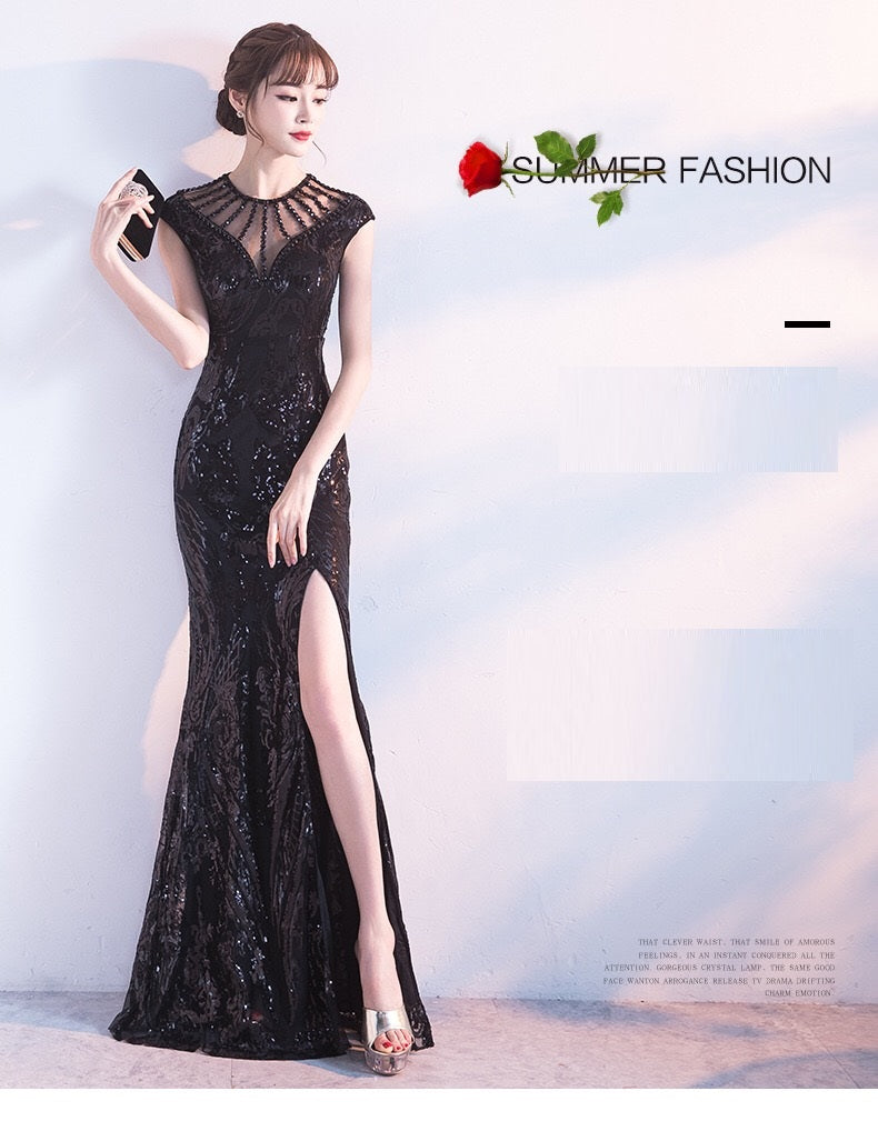 fleury スリットドレス ブラック ゴールド XS S M L XL XXL XXXL 結婚式 大きいサイズ 演奏会 パーティードレス ロングドレス お呼ばれ ドレス ワンピース 二次会 発表会 母親 フォーマルドレス 袖あり フォーマル パーティー 披露宴 同窓会 アフタヌーン ドレス ママ ドレス ミセス 七分袖 洋装 長袖 マザーズ ドレス 演奏会用 ドレス レディース Aライン