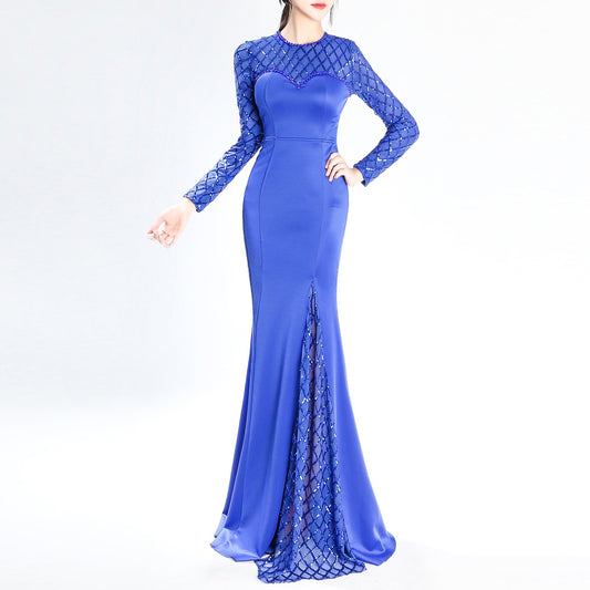 fabroni マーメイドドレス (着丈 サイズオーダー可能) オーダーメイド ロングドレス ブラックドレス 長袖レースドレス ハイネック バックシャン 美シルエット 体型補整 上質素材 フォーマル対応 気品 高級感 (ブルー)