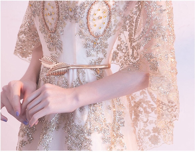 rappeneau 刺繍ドレス (着丈 サイズオーダー可能) オーダーメイド ロングドレス アイボリードレス ゴールドレース Aラインドレス フレアスカート スカラップ袖 体型補整 美シルエット 高級感 上質素材 特別な夜 ホテルディナー (ベージュ)