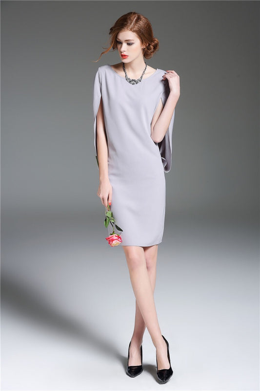 torenia ケープスリーブドレス (着丈 サイズオーダー可能) オーダーメイド 膝丈ドレス ラベンダードレス Iラインドレス ミニマルデザイン 高級素材 体型カバー 美シルエット ホテルディナー 上品フェミニン 洗練 レセプションスタイル (ラベンダーグレー)