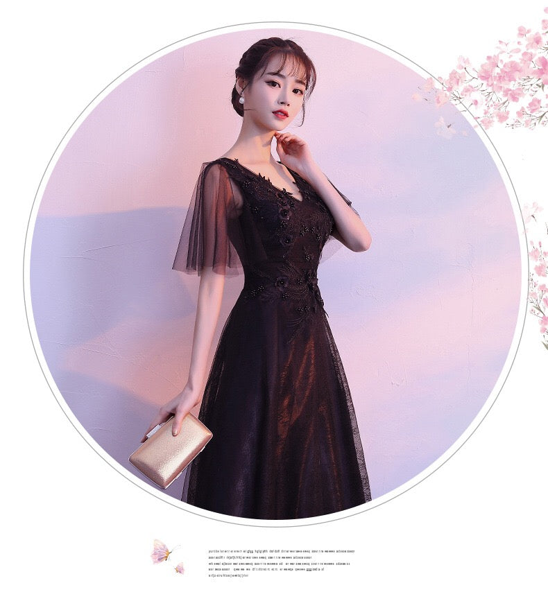 moineau (着丈 サイズオーダー可能) ロングドレス Aラインドレス ノースリーブドレス オーダーメイド 高級 ブラックドレス シフォン チュール レース ミニマルデザイン フレアシルエット 縦長効果 スタイルアップ 透明感 気品 クワイエットラグジュアリー 都会的スタジオ光 静かな余韻 特別な夜 パーティー 日本人女性 洗練された佇まい (ブラック)XS S M L XL XXL XXXL