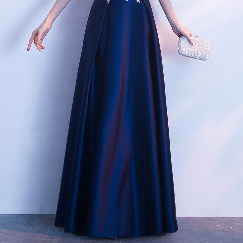 loubet (着丈 サイズオーダー可能) Aラインドレス ロングドレス ノースリーブドレス オーダーメイド 高級ドレス ネイビードレス フォーマルドレス パーティードレス 結婚式 演奏会 二次会 高級ホテル ラウンジ シャンデリア 上質素材 マットサテン フレアライン 美シルエット 大人女性 気品 透明感 知的 洗練 主役級存在感 日本人女性 (ネイビー)XS S M L XL XXL XXXL