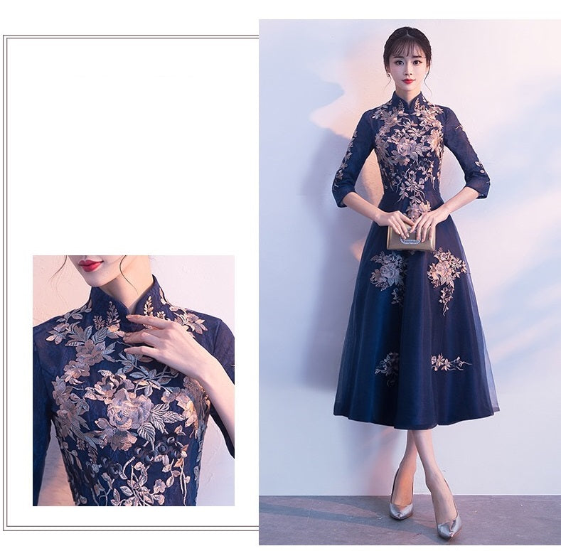 laplace (着丈 サイズオーダー可能) ロングドレス Aラインドレス ネイビードレス オーダーメイド イブニングドレス パーティードレス フォーマルドレス レースドレス 刺繍ドレス シアースリーブ 透け感 繊細刺繍 上質素材 立体裁断 美シルエット 大人女性 気品 知性 高級感 洗練 テラスポージング 夕景 シティビュー 自然光 特別な夜 主役級 存在感 写真映え (ネイビー)XS S M L XL XXL XXXL