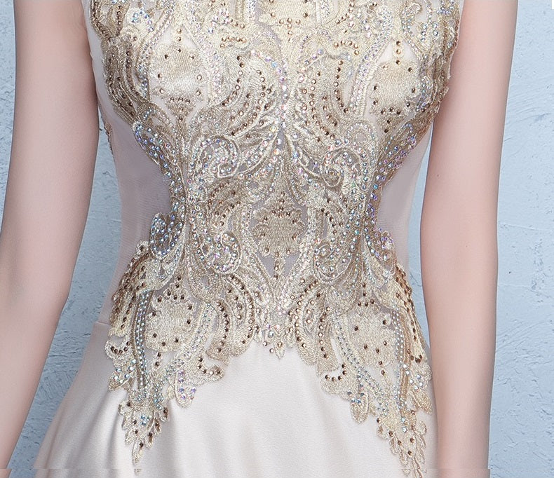 heather Aラインドレス (着丈 サイズオーダー可能) オーダーメイド ロングドレス ベージュ アイボリー シフォン チュール ノースリーブ フレアシルエット 体型カバー 縦ライン美 細見え 透明感 清楚 気品 ミニマル 自然光 佇まい映え 特別な一日 フォーマル ラグジュアリードレス (ベージュ)XS S M L XL XXL XXXL