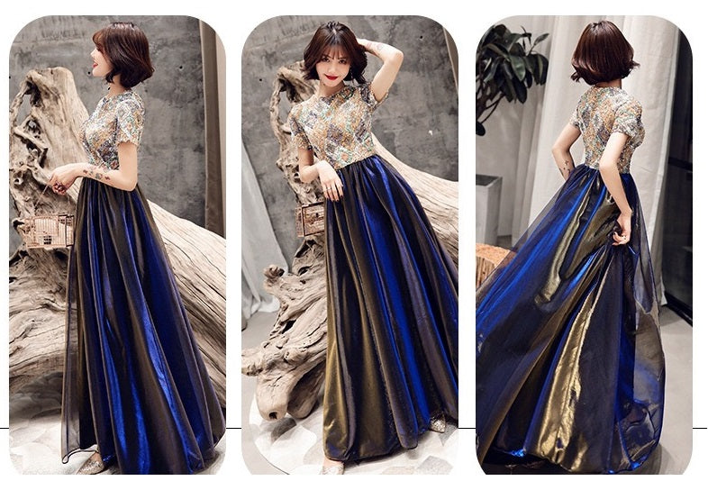 anitan (着丈 サイズオーダー可能) Aラインドレス ロングドレス オーダーメイド ネイビー ゴールド ビジュー装飾 チュールドレス サテン切替 ノースリーブ 立体感 揺れ感 縦ライン美 細見えシルエット 気品 女王オーラ クラシックホテル 大階段 シャンデリア 夜会 晩餐会 フォーマル ラグジュアリードレス (ネイビー)XS S M L XL XXL XXXL