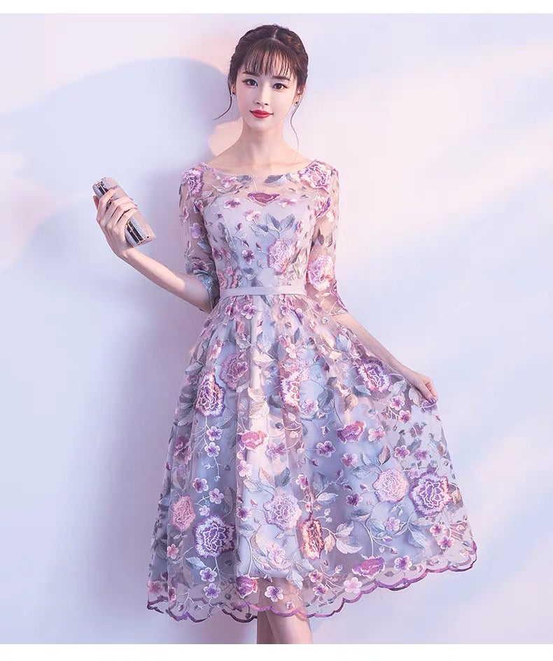 aaron ミディアムドレス パープル S M L XL XXL 即日発送 即納 結婚式 パーティードレス 体型カバー 小柄  ゆったり マタニティ ブラジャー 20代 30代 40代 50代 ブランド ワンピース シャンパン 夏 持ち運び