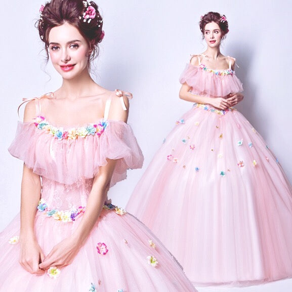 alice (着丈 サイズオーダー可能) Aラインドレス ロングドレス オーダーメイド ピンク プリンセスドレス チュールドレス ボリュームスカート 立体フラワー装飾 半袖風デザイン 揺れ感 透明感 圧倒的可憐 気品 ロマンティック モデル佇まい ホテル大階段 シャンデリア 特別な一日 フォーマル パーティー 上質ラグジュアリードレス (ピンク)XS S M L XL XXL XXXL