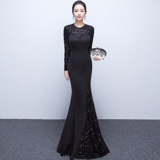 fabroni マーメイドドレス (着丈 サイズオーダー可能) オーダーメイド ロングドレス ブラックドレス 長袖レースドレス ハイネック バックシャン 美シルエット 体型補整 上質素材 フォーマル対応 気品 高級感 (ブラック)