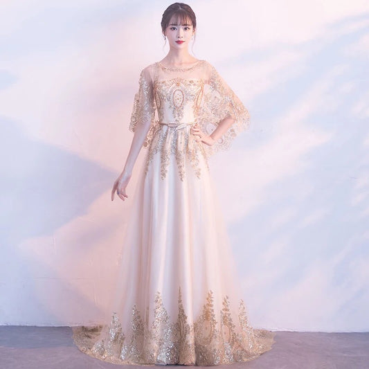 rappeneau Aラインドレス 刺繍レースドレス (着丈 サイズオーダー可能) オーダーメイド ロングドレス フレア袖ドレス ベージュドレス パーティードレス 結婚式 ワンピース ロング丈 袖あり レース 体型カバー お呼ばれ 二次会 披露宴 20代 30代 40代 大きいサイズ 高級素材 クラシカルエレガンス ナチュラルな輝き ゴールドの気品 ホテルラウンジ映え 特別な日を彩る一着 美しい透け感 体型補整 写真映え 優美なデザイン (ベージュ)XS S M L XL XXL XXXL