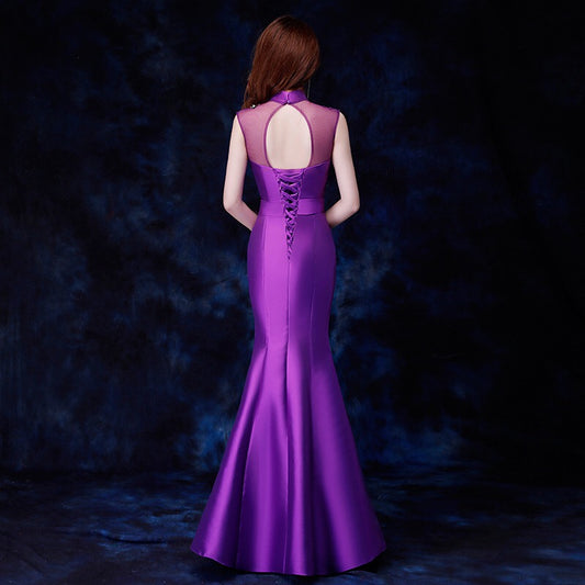 majar チャイナドレス (着丈 サイズオーダー可能) オーダーメイド マーメイドドレス ロングドレス レッドドレス 刺繍入りドレス 立ち襟 サテン素材 体型補整 高級感 クラシカルエレガンス ホテルレセプション 東洋美 (パープル)