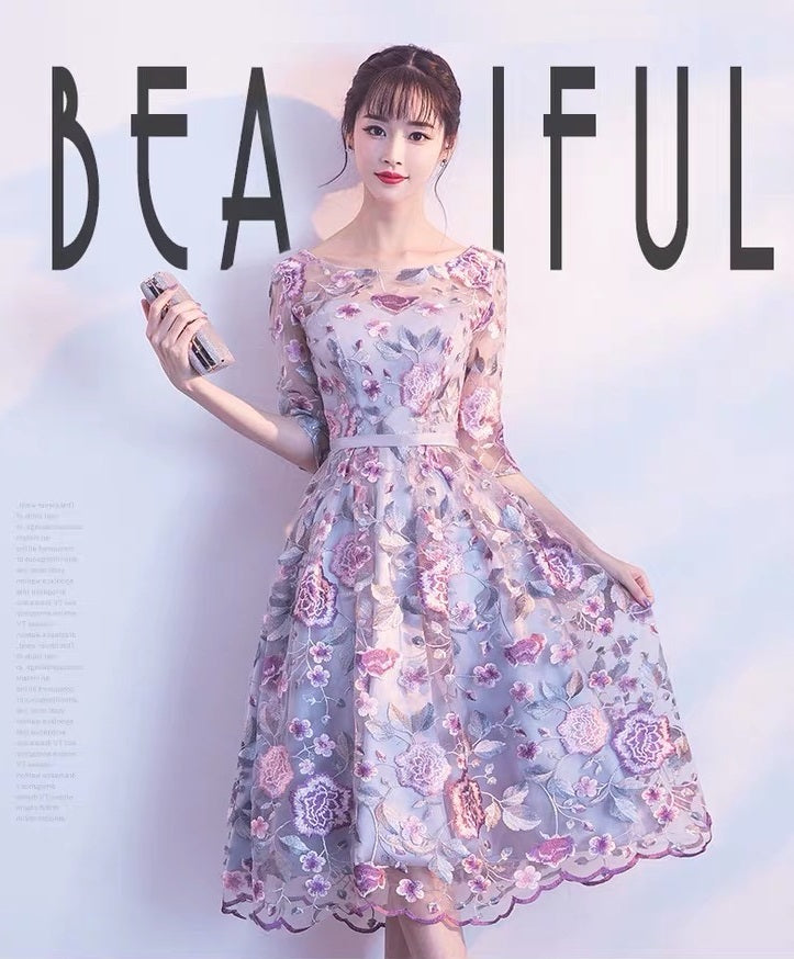 aaron ミディアムドレス パープル S M L XL XXL 即日発送 即納 結婚式 パーティードレス 体型カバー 小柄  ゆったり マタニティ ブラジャー 20代 30代 40代 50代 ブランド ワンピース シャンパン 夏 持ち運び