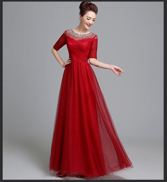 renata ロングドレス (着丈 サイズオーダー可能) オーダーメイド Aラインドレス サテンドレス 五分袖ドレス パールネックライン 体型補整 美シルエット 透明感 上質素材 高級感 ホテルディナー フォーマルシーン 日本人女性向け (レッド)