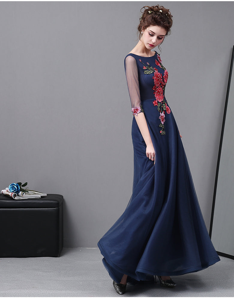 sueurn (着丈 サイズオーダー可能) オーダーメイド Aラインドレス ロングドレス ノースリーブドレス ネイビードレス ビジュードレス 刺繍ドレス 上質素材 透明感 気品 優美シルエット 体型補整 縦ライン強調 クラシックホテル 階段美 夜景照明 光纏う 大人女性 フォーマル 結婚式 パーティー 演奏会 二次会 日本人女性向け 高級感 (ネイビー)XS S M L XL XXL XXXL