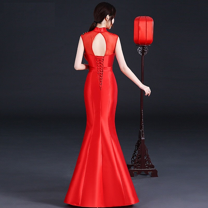 majar チャイナドレス (着丈 サイズオーダー可能) オーダーメイド マーメイドドレス ロングドレス レッドドレス 刺繍入りドレス 立ち襟 サテン素材 体型補整 高級感 クラシカルエレガンス ホテルレセプション 東洋美 (レッド)