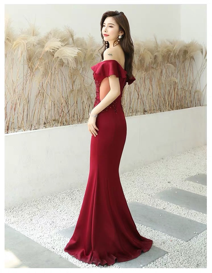 vikt オーダーメイド (着丈 サイズオーダー可能) マーメイドドレス オフショルダードレス ハートネック ロングドレス 上質サテン素材 体型補整 優美シルエット 高級感 気品漂う 特別な夜 ホテルラウンジ ラグジュアリー フォーマル (レッド)XS S M L XL XXL XXXL