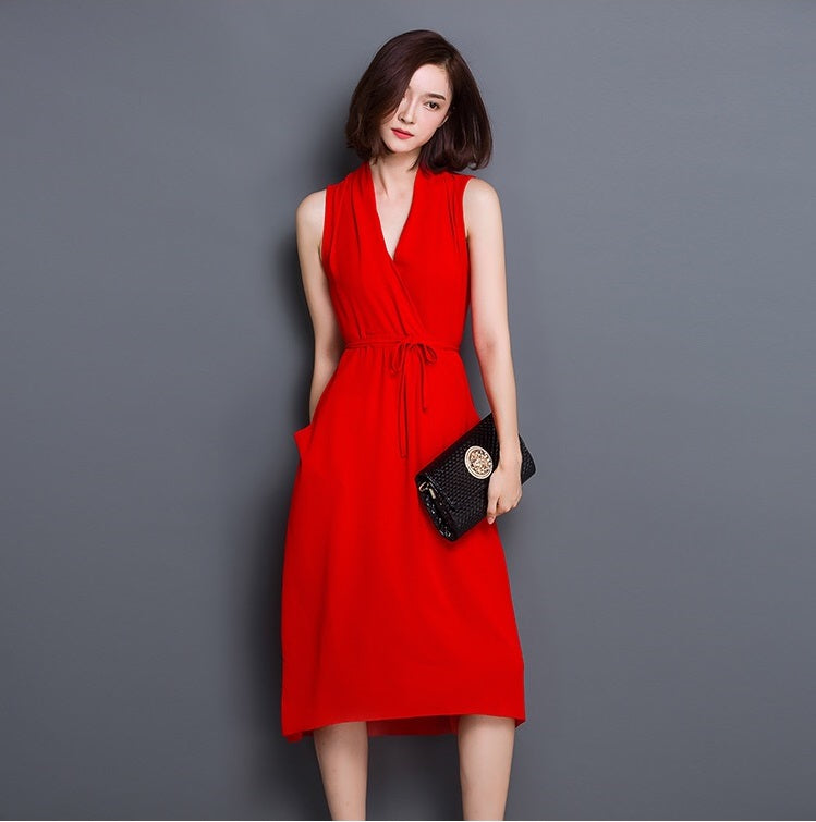 rachele レッドドレス (着丈 サイズオーダー可能) オーダーメイド ミディ丈ドレス ノースリーブドレス ウエストリボン ラップ風デザイン 美シルエット 体型補整 大人可愛い 高級感 セミフォーマル ホテルランチスタイル (グリーン)